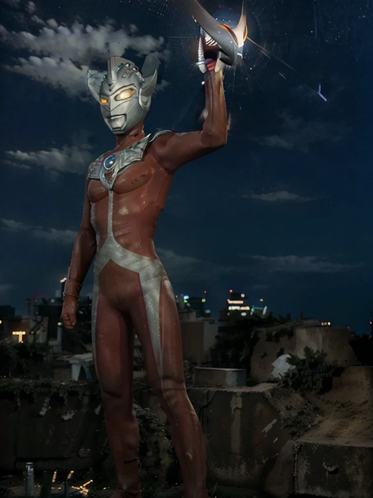 Put arms together and emit rays,40m tall Giant superhero Ultraman Taro,standing on Tokyo Japan in the dark,The same size as the building,tall and slim, portrait, fighting pose, photo high quality, realistic photo, night scene,silver helmet, glass hemisphere on chest glows, yellow eyes, forehead lamp glows,martial arts pose, slim body,long limbs,4K
