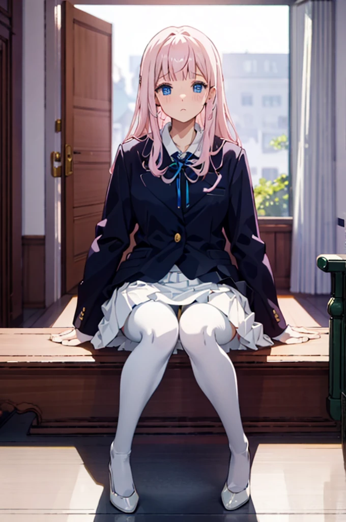 、Pink Hair、Spread your legs、I can see her pantieedium Hair、、Pale blue eyes、Head to toe full body、Blushing、Embarrassed look、Composition from the front、A view from slightly below、Sit facing forward、No shoe-shaped legs、squat、Spread your legs in an M shape、Grab my leg、、、blazer、White blouse、Navy blue ribbon、Short pleated skirt、White panties、black pantyhose、(black_pantyhose):1.2)、White panties are visible、bedroom、Inside the room、Daytime、Panty shot、Staring at the audience、Thin legs、Thin thighs、Slim toe、Squatting on the stairs
