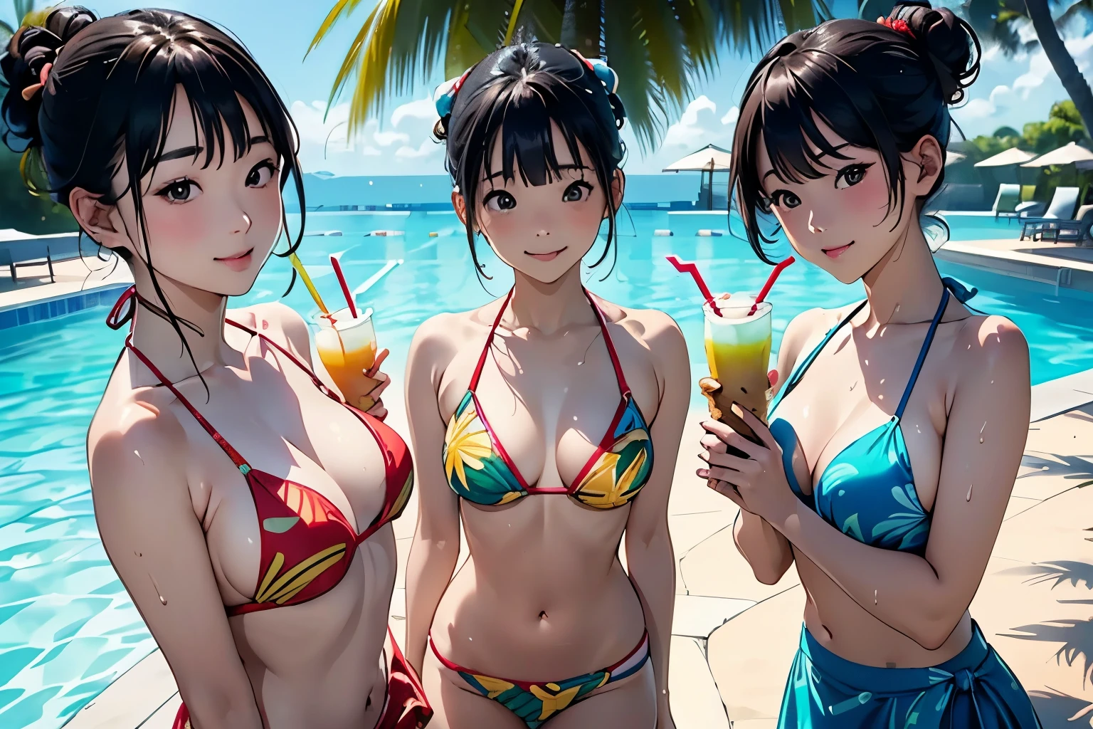 (Party by the pool:1.2)、(Fun atmosphere、Lively:1.2)、(3 people:1.4)、Beautiful Japanese Woman、(3 peopleの女性)、20-year-old、(whole body)、((Tropical Drinks、juice、Holding a soft serve ice cream))、(Detailed depiction of a beautiful face)、(Happy smile)、Small breasts、Slim figure、Medium Short Hair、semi-long、Hair Bun、Wet 水着、bikini、モノキニbikini、A pareo skirt with bold ethnic patterns and plenty of primary colors、Realistic Skin、Wet、whole body、No zoom、No close-ups、Cinematic Light、Tropical Colors、((Blank Background))、((White Background))、(Highest quality, masterpiece, High resolution)、(Anime Art 4k)、