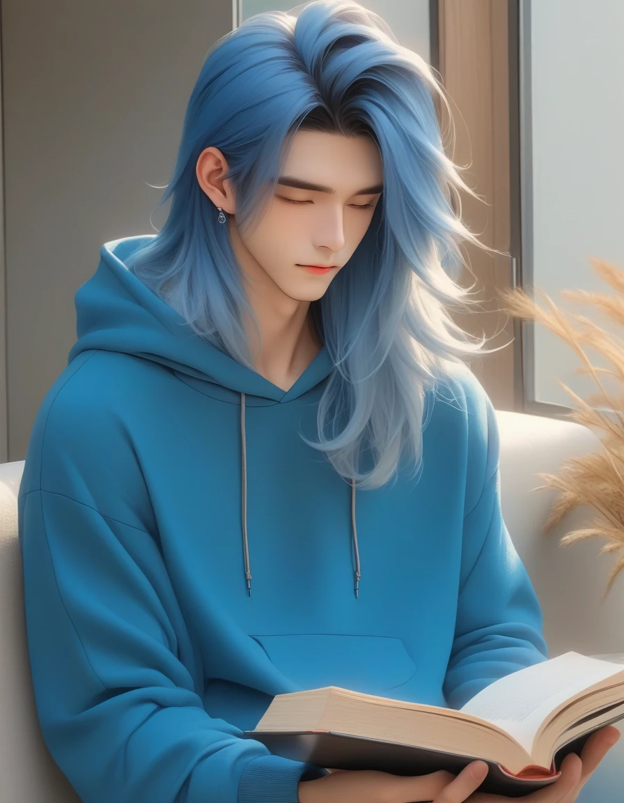 Long Hair、Blue Hair、male、neutral、Slimming、anxiety、Blue clothes、hoodie、Book