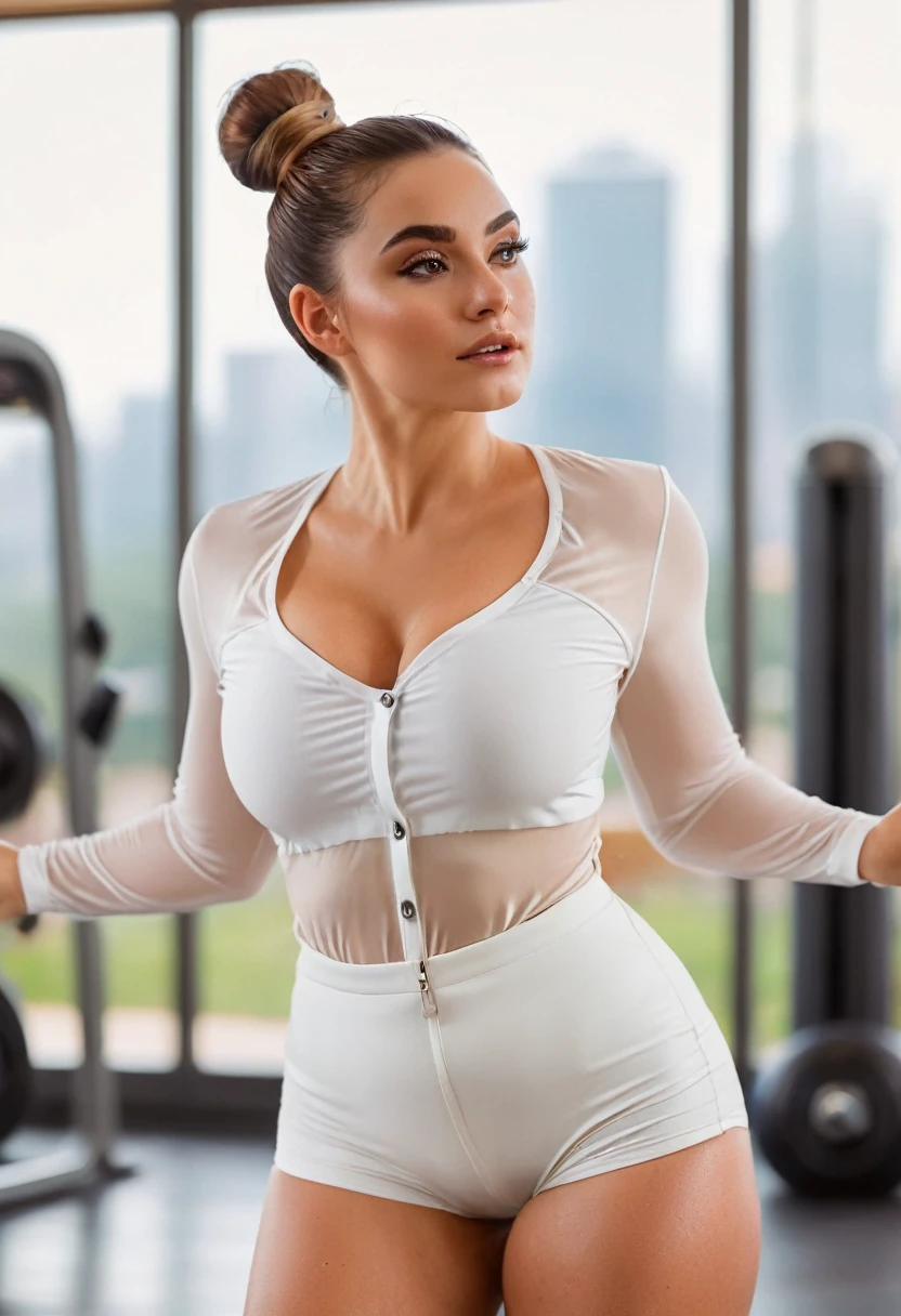 NO BACKGROUND, oversized figure, sexy thighs, cameltoe, her figure impeccably tailored in transparent white blouse till waist, Standing tall on summer theme background, Showing Bikini Lines, doing squats in gym,
, Embrace a bright and contrasting color palette, ,beige colored clothing, bokeh effect on bottom, seduction in eyes, hairs in bun