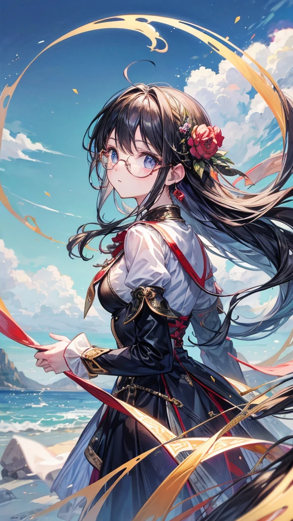 super masterpiece、Masterpiece、High quality、Best Quality、1 girl、Eternal Hilly Region、Side Tail、Round Glasses、Profile of a person gazing into the distance with a defiant expression、