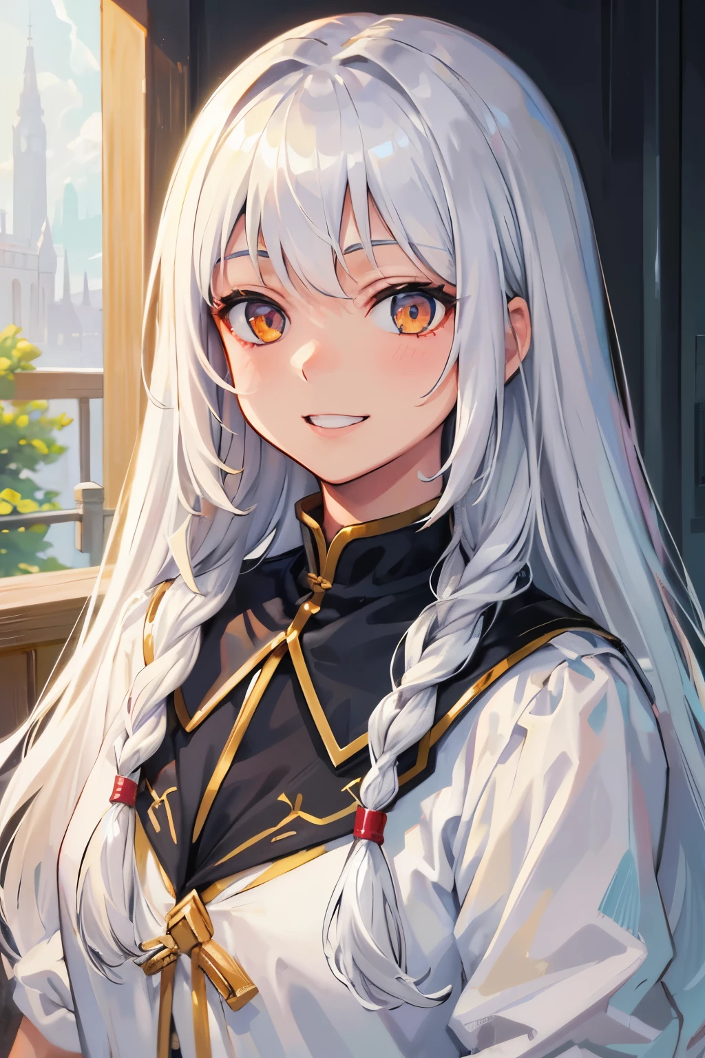 Highest quality, high resolution, masterpiece, Gray Hair, Golden Eyes, White clothes, look up, Upper Body, Hair bundle, Fair skin, Side braid, smile, Double teeth