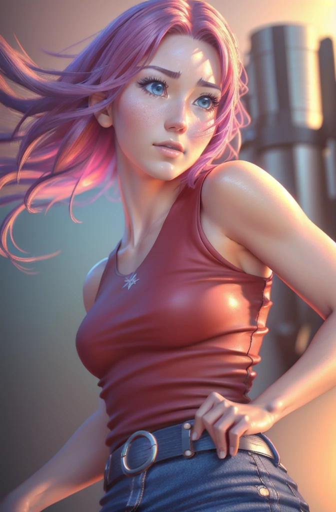 a beautiful tall sakura girl, short anime style hair, extremely detailed realistic face, beautiful eyes, long eyelashes, small nose, full lips, red tank top with beautiful folds and wrinkles, blue pants, belt, (best quality,8k,highres,masterpiece:1.2),ultra-detailed,(realistic,photorealistic,photo-realistic:1.37),intricate details,cinematic lighting,warm color tones,vibrant colors,beautiful background,cinematic angle