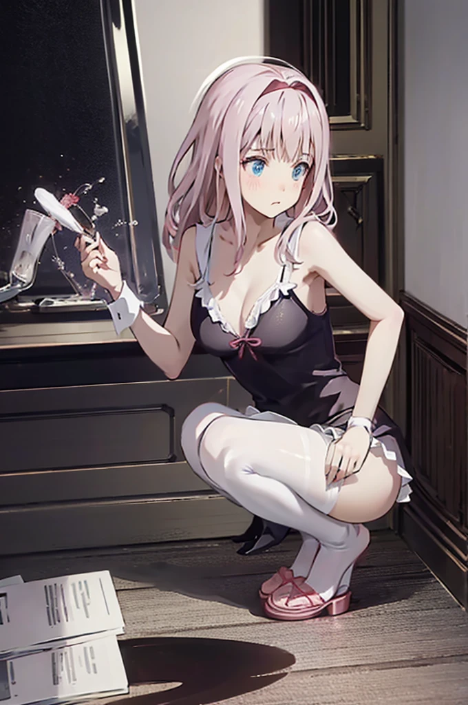 、Pink Hair、Medium Hair、、Pale blue eyes、Head to toe full body、Blushing、Embarrassed look、Composition from the front、A view from slightly below、Sit facing forward、No shoe-shaped legs、squat、Spread your legs in an M shape、Grab my leg、、、、White panties、black pantyhose、(black_pantyhose):1.2)、White panties are visible、bedroom、Inside the room、、Staring at the audience、Thin legs、Thin thighs、Slim toe、Squatting on the stairs