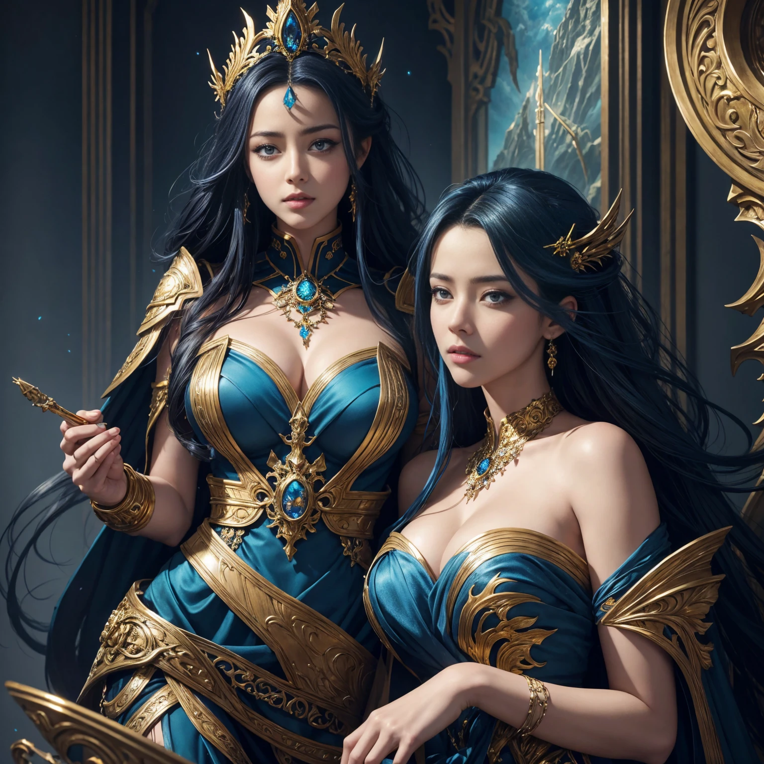 a AMBER HEARD in a blue dress with a tiable and gold jewelry, karol bak uhd, 8k high quality detailed art, fantasy woman, detailed fantasy art, 4k fantasy art, fantasy art style, beautiful alluring anime woman, detailed fantasy digital art, beautiful fantasy art, hd fantasy art, fantasy style art, 4 k detail fantasy, beautiful detailed fantasy