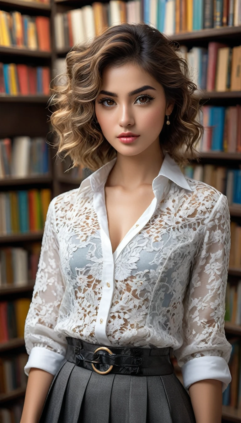 (((beautiful beautiful Isabela Merced, posing for photoshots, looking sexy, closed lips, extremely beautiful eyes))), ((wearing floral silver necklace)), realistic photoshotgraph, highy detailed, Spitz focus, (Main lighting), (indoor bookstore environment), work of art, very short and curly hair, bangss, bangss covering forehead, ((Short blonde hair, selvagem e cacheado e bangss:1.2)) extremely beautiful, Perfect beauty, (perfect shape body, Broad Hips, small waist, thick-thighs, firm abs, Body cute, sexy legs, gorgeous knees knees, kneecaps, focus on the knees, breasts small), ((30 years old)), (extremely detaild 8k wallpaper), ((face detailed)), (((wearing white shirt, saia curta de tweed, kneecaps, knees, nylons with a seam, Strad sandals)), (long dark eyelashes), (((aretes))), (looking at the camera), (((kneecaps)))) (glamor model), (seductive facial expression) (((standing between tall shelves full of books))), extremely detaild, work of art, details Intricate, highy detailed, Spitz focus, skin detailed, realistic skin texture, texture, detailedeyes, high resolution, kodak vision color, photoshot_\(ultra\), Post-processing, maximum detail, roughness, real-life, ultra realistic, photoshotrealism, photoshotgraphy, absurderes, RAW photoshot, highest quallity, high detail RAW color photoshot, professional photoshot, extremely detaild UHD 8k wallpaper unit, best qualityer, high resolution, (work of art, maximum quality, high resolution:1.4), photoshot, cinematic, Film grain, Spitz, soft natural light, magic photoshotgraphy, super verbose, ((whole body: legs 1.3))