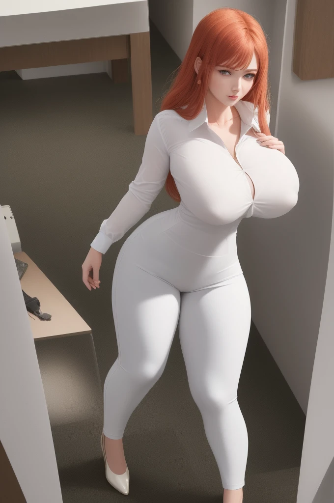 (masterpiece, best quality), 8k, ultra-detailed, realistic photo, detailed face, perfect illumination, beautiful eyes, bright ginger hair, bright hair, beautiful legs, side photo, beautifull, cute, skin pores, 1girl, standind in office, hiking, office pants, perfect shirt, full dressed, beautyful women 30 years, beautiful proportions, russian woman, caucasian, european, businesslady, stunningly beautiful woman, milf, thick legs, big chest, (thin white shirt:1.4), thick, hot, (white office clothes:1.4), skinny pants, (wide hips:1.2), thick, (white office pants:1.3), spread legs, legs open, in full growth, wide hips, glasses