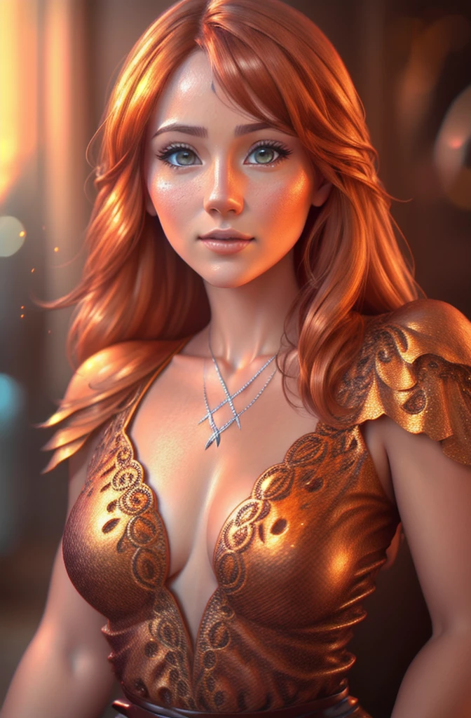 a cute girl, round brown eyes, orange hair, without bra, medium to long straight hairstyle, detailed facial features, beautiful skin, detailed hair strands, detailed clothing folds, natural lighting, warm color palette, detailed background, (best quality, 4k, 8k, highres, masterpiece:1.2), ultra-detailed, (realistic, photorealistic, photo-realistic:1.37), highly detailed illustration, cinematic lighting, soft focus, vibrant colors, intricate details