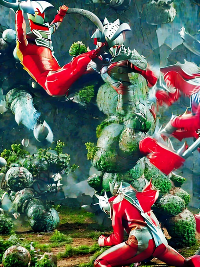 photo realistic,4k,8k,35mm films,Distant view, Ultraman Taro killed by Tyrant, a giant hero battling Tyrant the monster, emerges from the forest at the foot of Mt. Fuji to fight, high kicks, punches, being bitten and bleeding, dirty silver helmet, broken horns, one eye glowing red and bleeding, a large thorn piercing his stomach, long thin limbs, his red rubber bodysuit is torn revealing flesh-colored skin, a thin waist, a round butt, being punched by the Tyrant, collapsing, being knocked down