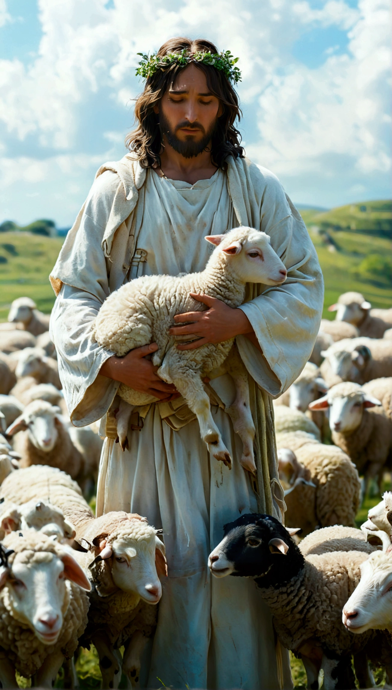 full length photo of Jesus Christ tending his sheep, majestic welcoming, predominant white color,, Background sky, Not the Studio Ghibli style, Makoto Shinkai style."