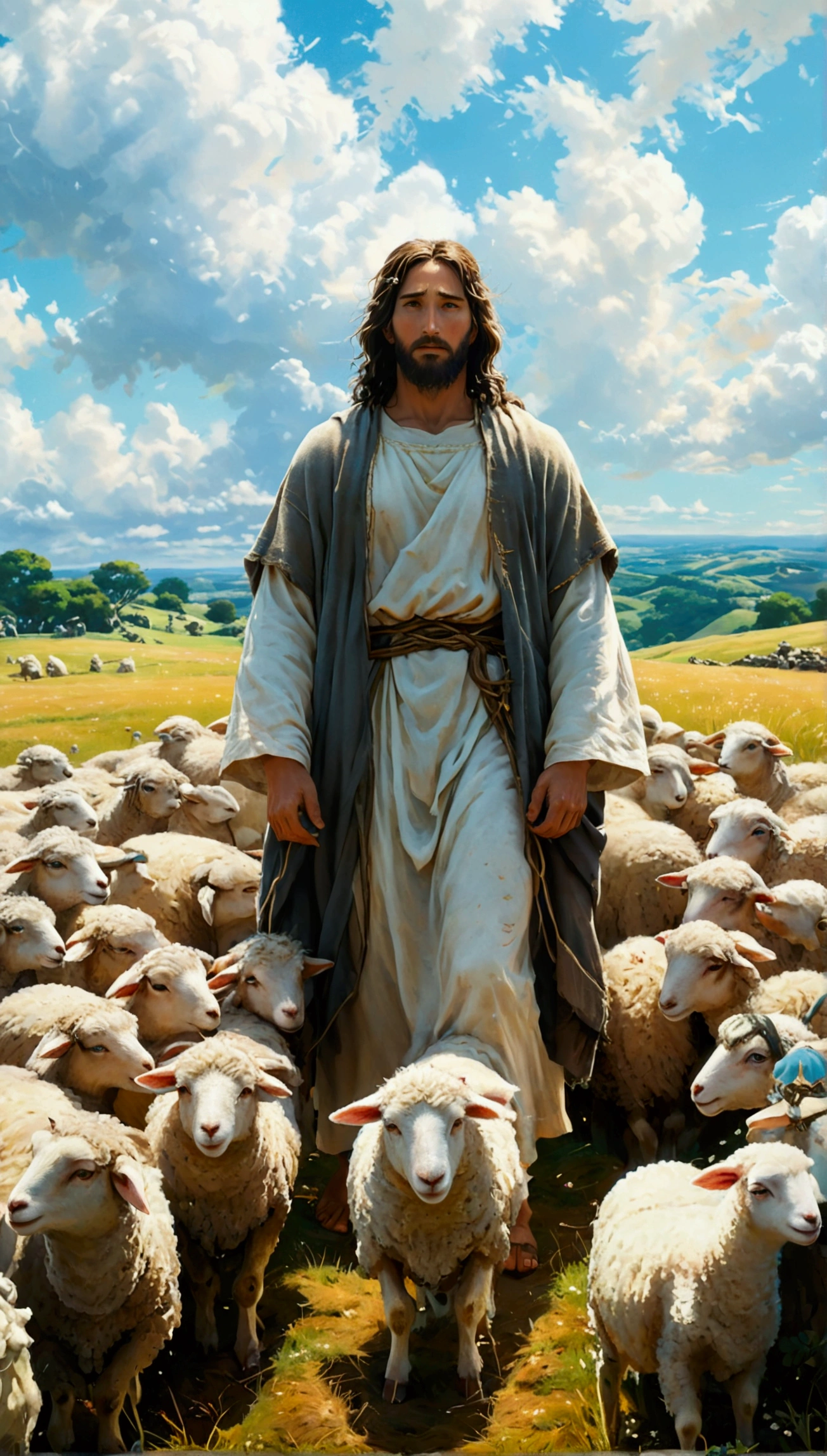 full length photo of Jesus Christ tending his sheep, majestic welcoming, predominant white color,, Background sky, Not the Studio Ghibli style, Makoto Shinkai style."
