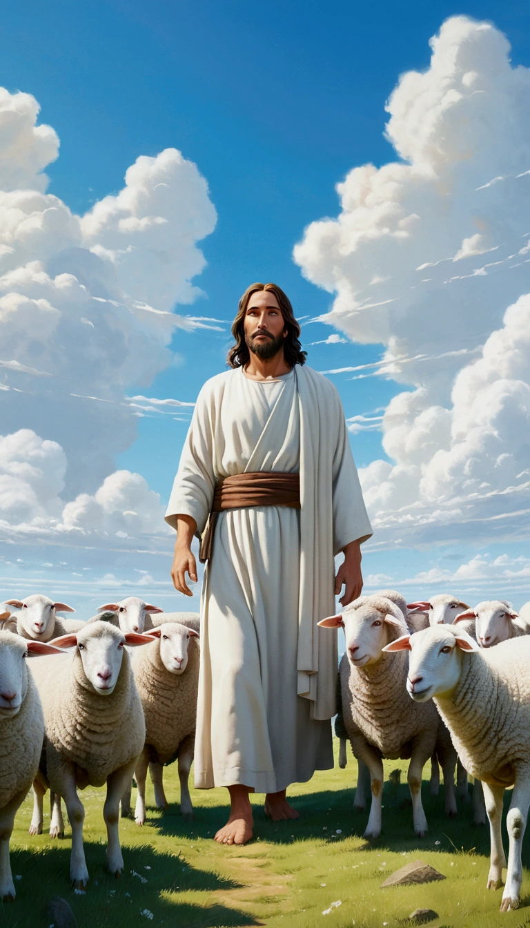 full length photo of Jesus Christ tending his sheep, majestic welcoming, predominant white color,, Background sky, Not the Studio Ghibli style, Makoto Shinkai style."