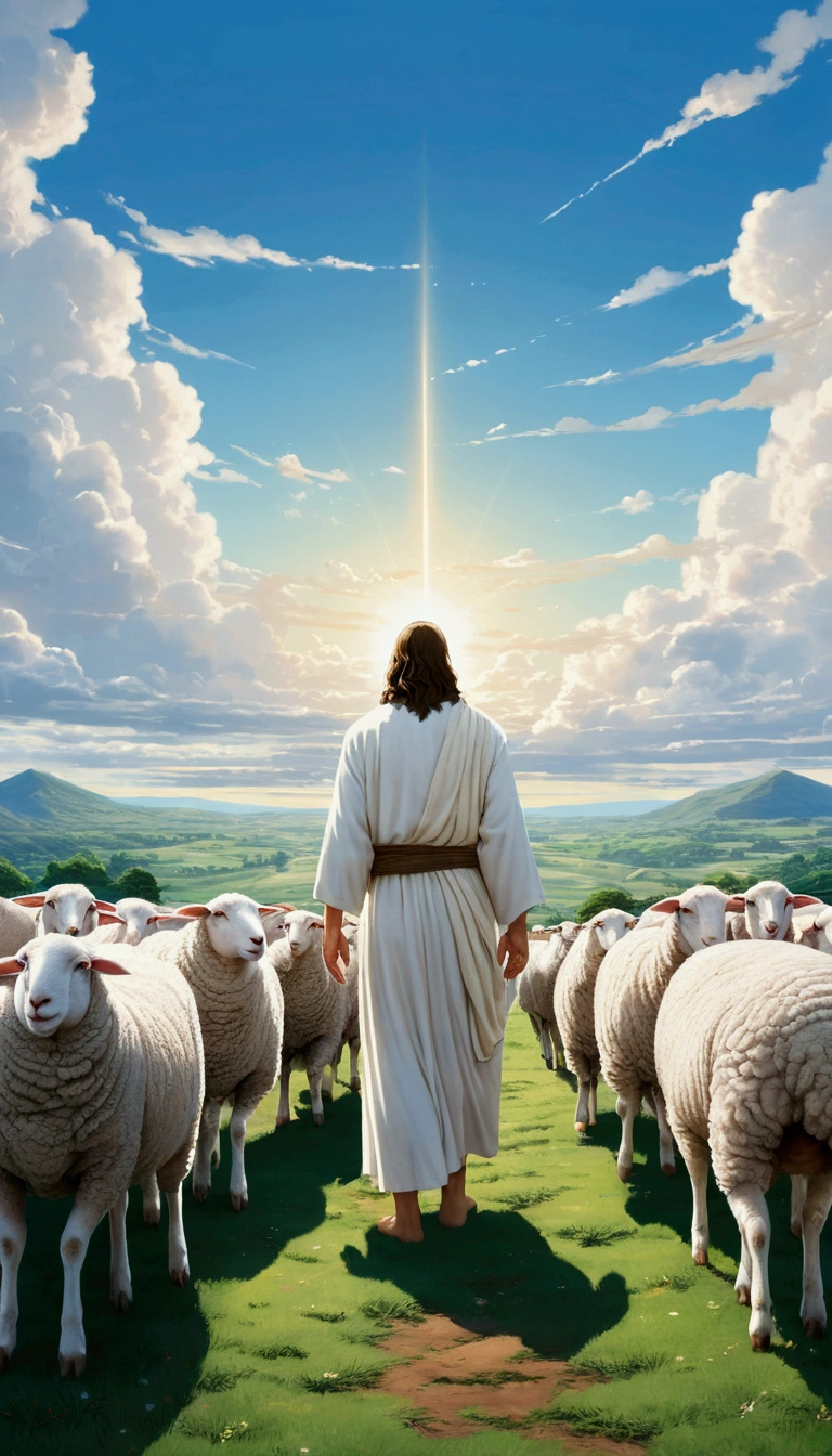 full length photo of Jesus Christ tending his sheep, majestic welcoming, predominant white color,, Background sky, Not the Studio Ghibli style, Makoto Shinkai style."