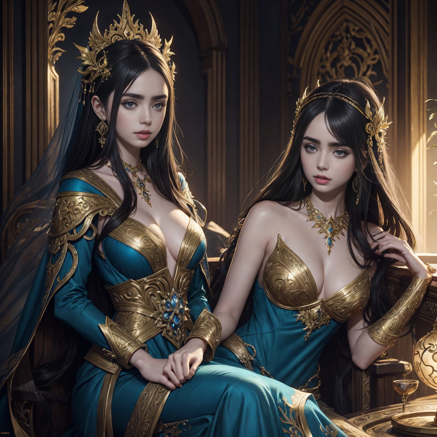 a LILY COLLINS in a blue dress with a tiable and gold jewelry, karol bak uhd, 8k high quality detailed art, fantasy woman, detailed fantasy art, 4k fantasy art, fantasy art style, beautiful alluring anime woman, detailed fantasy digital art, beautiful fantasy art, hd fantasy art, fantasy style art, 4 k detail fantasy, beautiful detailed fantasy