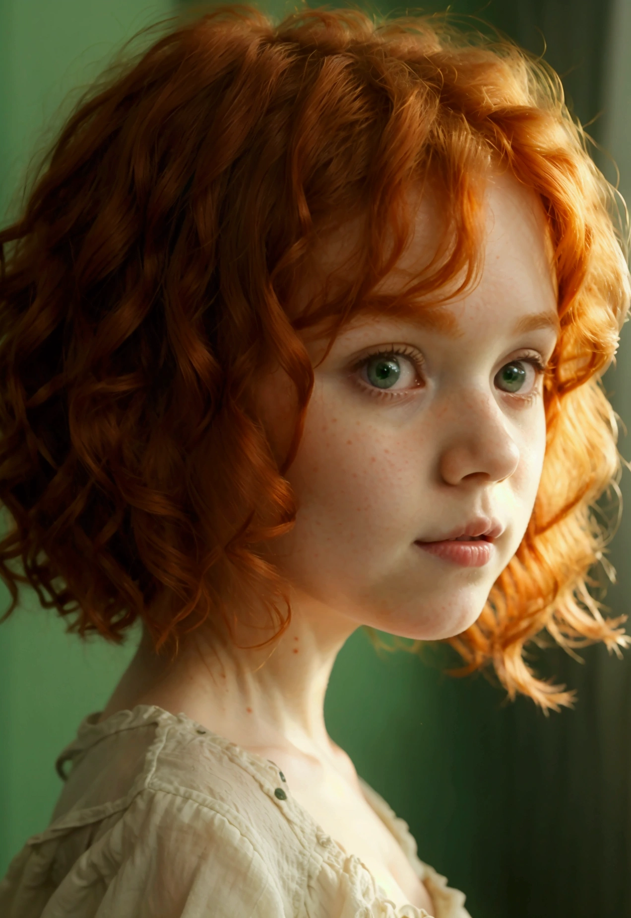 A two year old redhead girl, short curly hair and green eyes naked, small