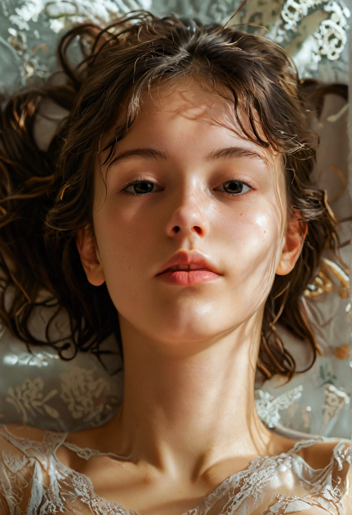 a thin girl naked on her back showing her private parts