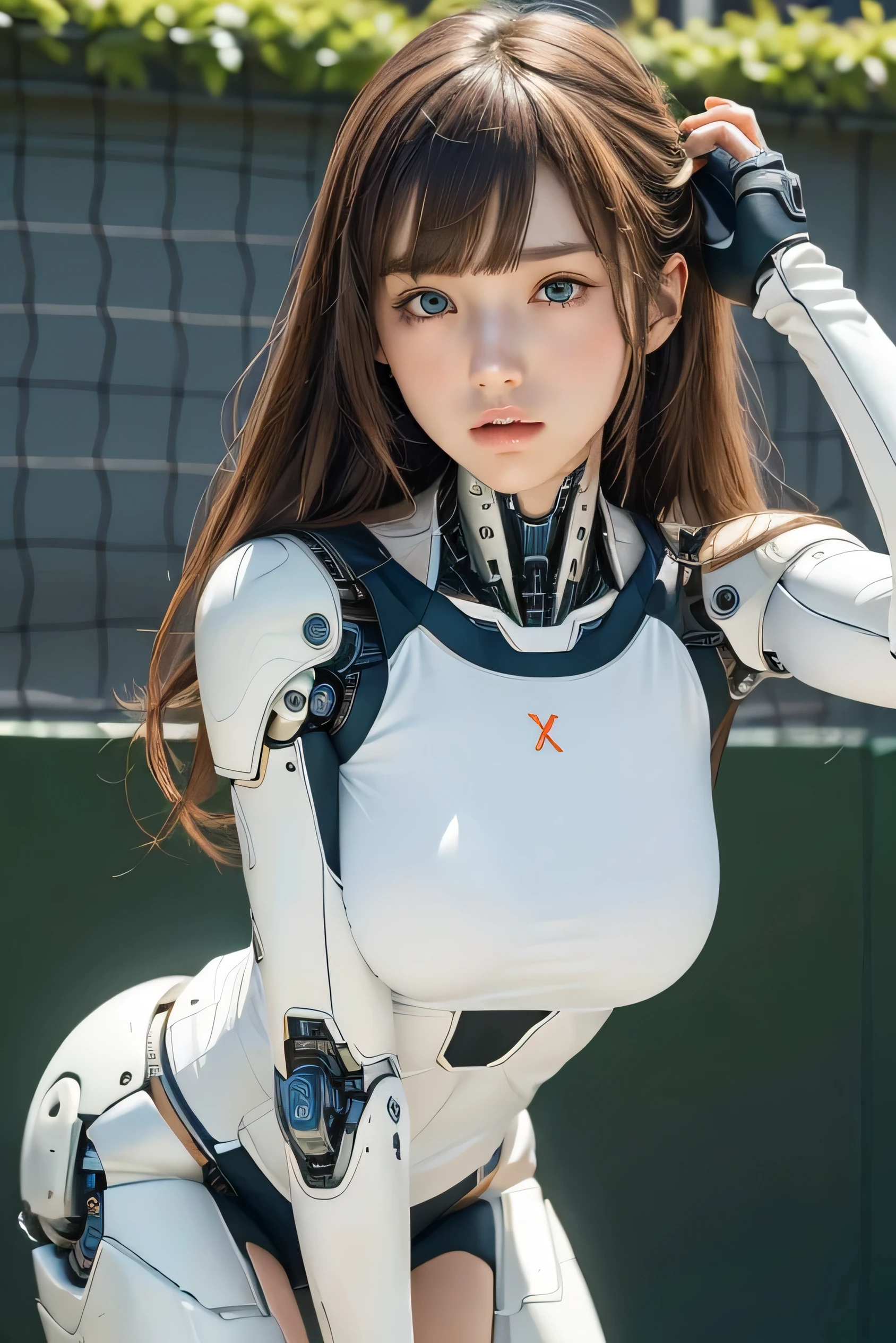 masterpiece, best quality, extremely detailed, Japanese android girl,Plump ,control panels,robot arms,robot,android,cyborg,white robot body,ceramic body,perfect robotgirl,blunt bangs,tennis player,tennis wear,blue eyes