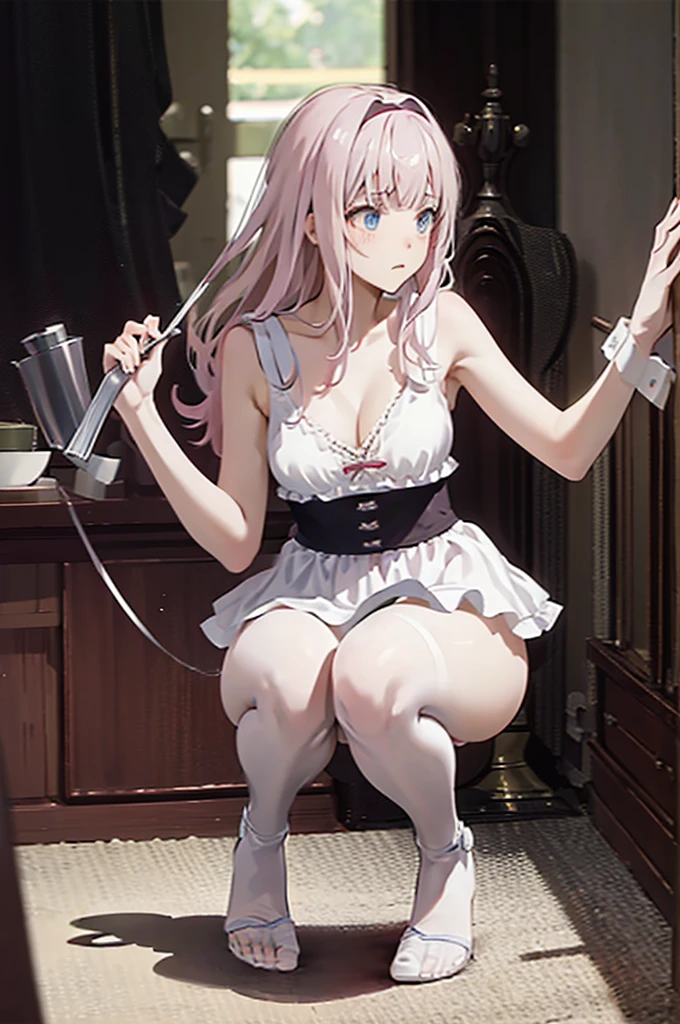 、Pink Hair、Medium Hair、頭にblack色のリボン、Pale blue eyes、Head to toe full body、Blushing、Embarrassed look、Composition from the front、A view from slightly below、Sit facing forward、No shoe-shaped legs、squat、Spread your legs in an M shape、Grab my leg、、、、White 、black pantyholack_pantyhose):1hite panties are visiboom、Inside the room、、Staring at the audience、Thin legs、Thin thighs、Slim toe、Squatting on the stairs
