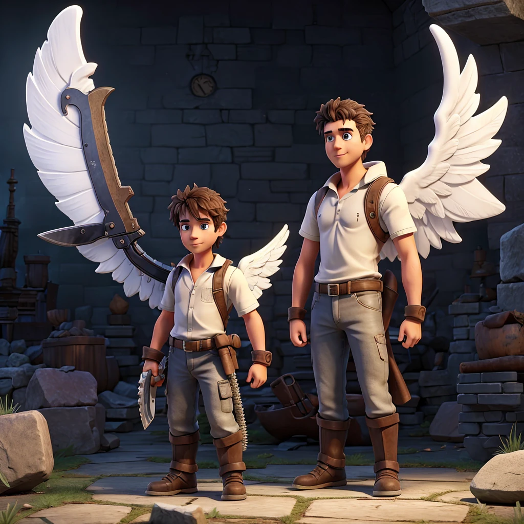 A guy with a chainsaw head, Giant sword, big white angel wings and stone tail