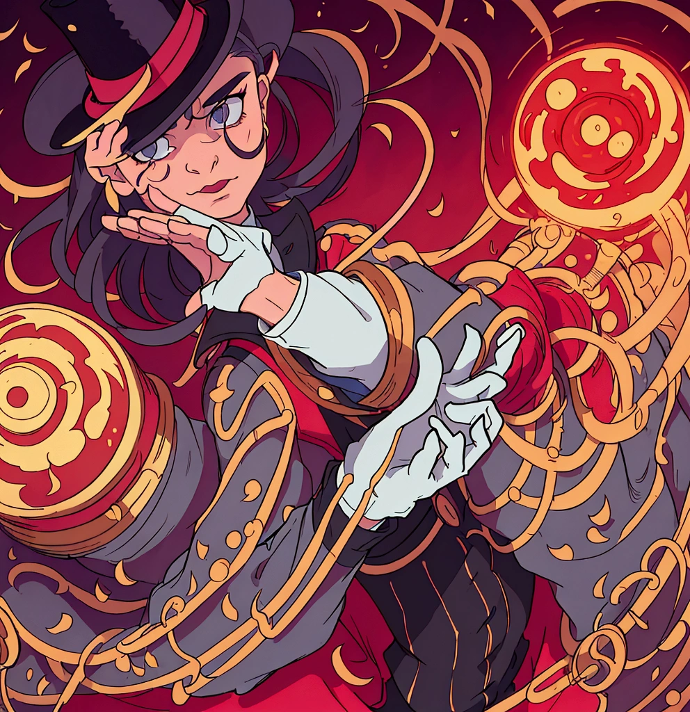 I need a circus magician from the 90s wearing gloves with his hands in the center of his body as if he was showing something by putting his hands together, with the top hat covering your face, while energy comes out over your hands and there are small demons watching from behind your shoulder and flying over the region