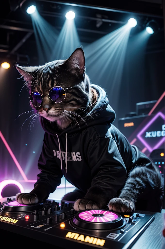Create an ultra-realistic 4K photo of a DJ cat. The cat is an animal with lifelike fur texture, wearing large, high-quality headphones, a stylish hoodie with the hood up, and reflective, dark sunglasses. The setting is a vibrant DJ booth with colorful LED lights and a high-tech mixing board. The cat has a serious, focused expression as it expertly mixes music, with its paws on the turntables. The background includes a lively, blurred crowd enjoying the music, with lights and lasers adding to the energetic atmosphere. Ensure the fur reflects the light realistically, and the mixing board has detailed knobs and sliders. The LED lights should create dynamic shadows on the cat and the booth. The crowd in the background should be varied, with people dancing and raising their hands. The overall mood should be energetic and immersive.