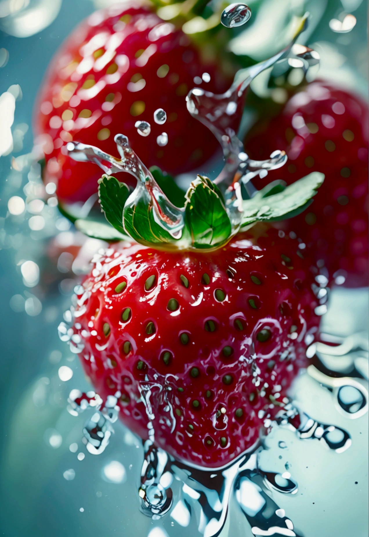 Cinematic RAW Photos,Ultra-realistic photos,Ultra-realistic photos,Digital SLR,Soft lighting,Product photo of five strawberries falling into water、Dripping、Splashing clear liquid、Water flower,Dynamic Composition Star Part) (Highest quality) (be familiar with) (Cinema Lighting) (Sharp focus) (Complex), Master Parts, Highest quality, Ultra-high resolution, 8K Ultra HD