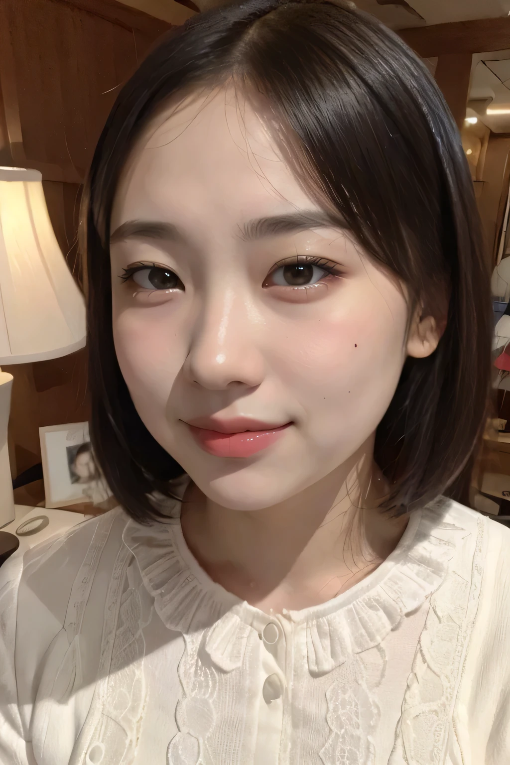 (photorealistic:1.2), ung female, (beautiful face:1.2), (no makeup face:1.3), break, indoor, bedroom, (dynamic angle:1.1), break, photo of young Japanese female, (14 y), detailed pores and skin lines, break, happy, very fine eyes, break, (small breasts:0.5), black eyes, black hair, short cut hair, break, (eyes and faces with detailed:1.0), break, (masterpiece, best quality, ultra detailed, detailed face, 8k), (rim light:1.2), cowboy shot