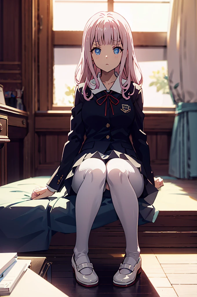 、Pink Hair、Spread your legs、I can see her pantieedium Hair、、Pale blue eyes、Head to toe full body、Blushing、Embarrassed look、Composition from the front、A view from slightly below、Sit facing forward、No shoe-shaped legs、squat、Spread your legs in an M shape、Grab my leg、、、blazer、White blouse、Navy blue ribbon、Short pleated skirt、White panties、black pantyhose、(black_pantyhose):1.2)、White panties are visible、bedroom、Inside the room、Daytime、Panty shot、Staring at the audience、Thin legs、Thin thighs、Slim toe、Squatting on the stairs