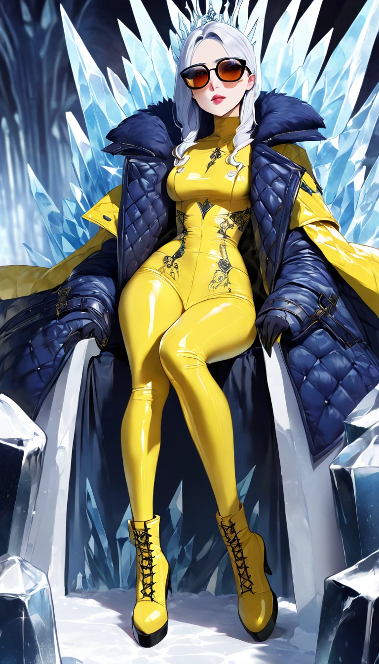 ((Super realistic details)) Shadow、octan render、8K、ultrasharp、Steampunk Body、Details of complex ornaments、cold color、Gothloli details、highly intricate detail、Realistic light、CGSoation Trends, radiant eyes featuring a stylish and confident evil ice queen, she has an arrogant look .modern fashion. dressed in bold and fashionable all yellow rubber outfits, showcasing a unique combination of elegance and strength. attire includes sleek, form-fitting dressed and bodysuit made of shiny materials, paired with oversize long latex coat that have (((dramatic high collar of coat))), (((high collar of coat))) (((very high and wide collar of coat))), (((collarbone))) and intricate patterns. The colors and designs vary, featuring a long coat with patterned latex coat. outfit is accentuated with latex boots and latex gloves, sunglasses, emphasizing her commanding and poised presence. Highlight her modern, daring fashion sense and her ability to dominate any space with her fashionable and assertive demeanor, sexy pose Sit with your legs apart, Leg spread, on ((ice throne on ice palace)), nudity.