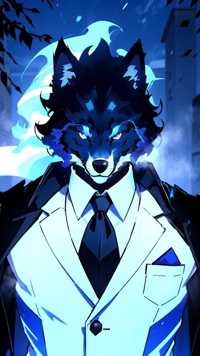 Black wolf, with blue energy, white doctor's coat, white shirt, black tie, in the parking lot, night