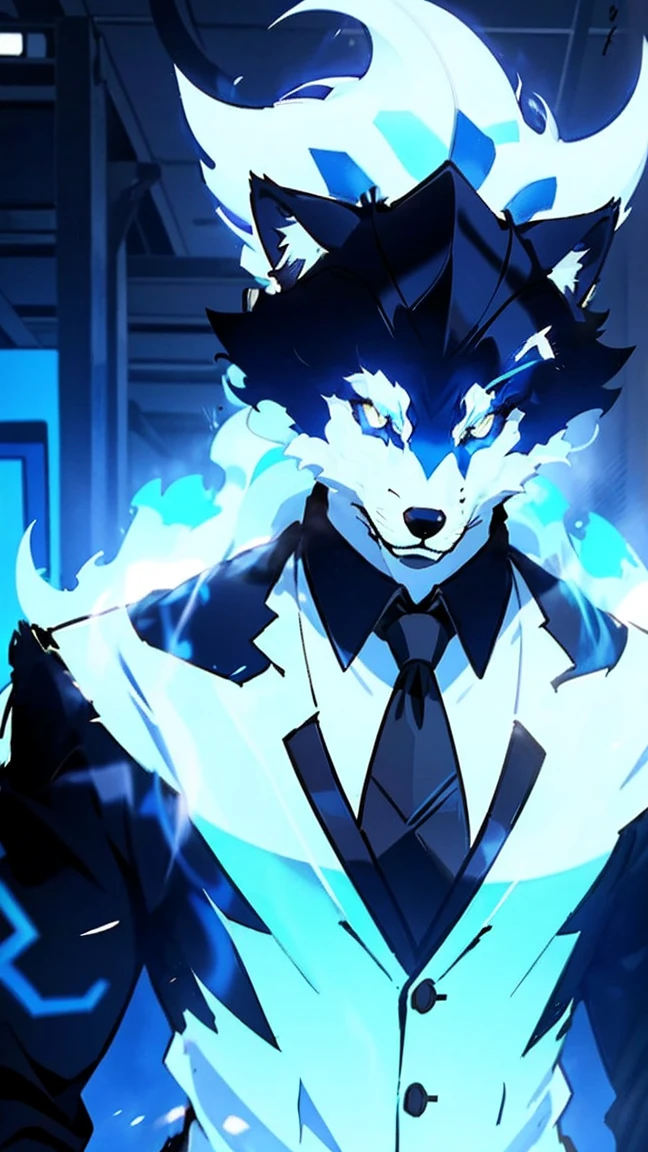Black wolf, with blue energy, white doctor's coat, white shirt, black tie, in the parking lot, night