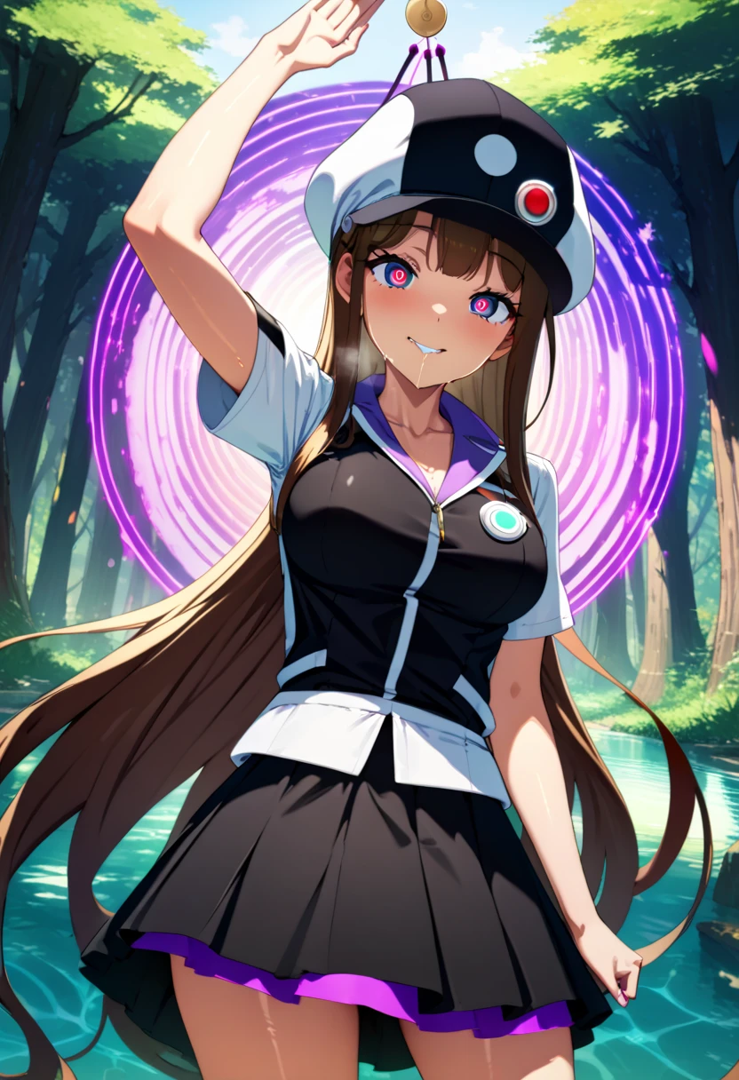 (masterpiece),(Highest quality),(Super detailed),(Best illustrations),(Best Shadow),(Absurd),(Detailed Background),(so beautiful),(in forest),(White Pokémon trainer outfit with skirt and cap), 16K, 8K,(Best illustrations),(so beautiful),(swinging pendulum, coin on string), (pendulum radiates purple energy waves) (full attention on pendulum) (salute stance), One person, alone, very long hair, brunette, Perfect figure, spiral-shaped pupils, orgasm, afterglow, erotic smile, pokeball badge hair fastening, Sexy posture, pose towards camera, water eyes, saliva trail, , shiny skin, Taking illegal drugs, Clear liquid, morning, , Hypnosis assignment, mysterious, , spoken hearts,