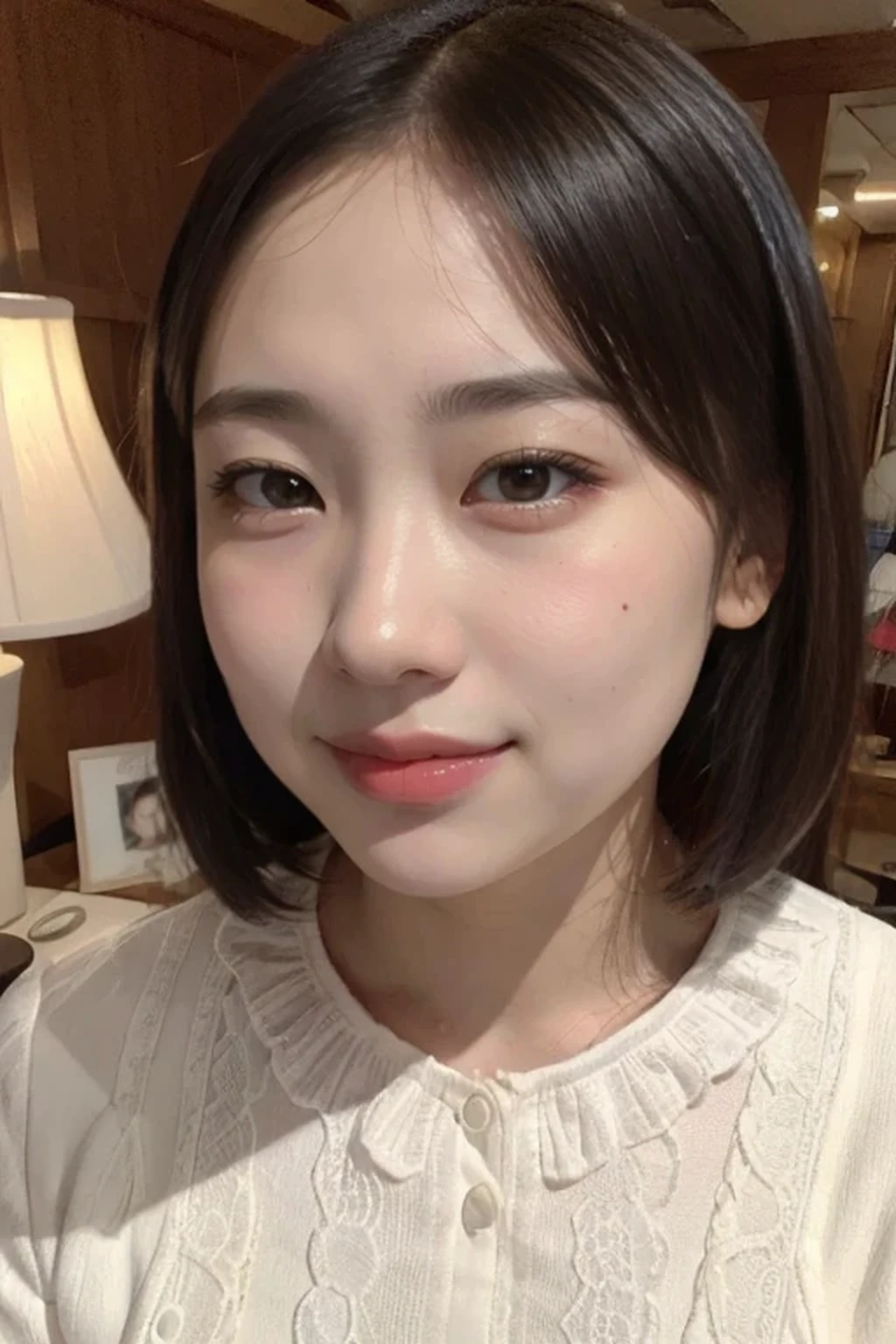 (photorealistic:1.2), 1 young female, (beautiful face:1.2), (no makeup face:1.3), break, indoor, bedroom, (dynamic angle:1.1), break, photo of young Japanese female, (14 years old:1.4), detailed pores and skin lines, break, happy, very fine eyes, break, (small breasts:0.5), black eyes, black hair, short cut hair, break, (eyes and faces with detailed:1.0), break, (masterpiece, best quality, ultra detailed, detailed face, 8k), (rim light:1.2), cowboy shot