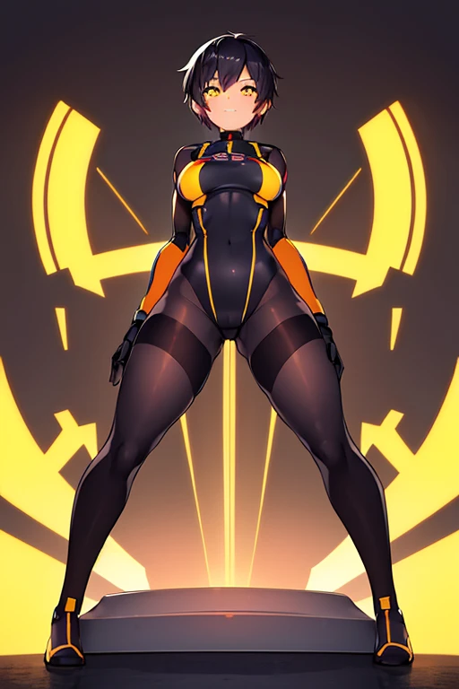 1girl, tan, tan skin, tan-skinned female, yellow eyes, black hair, very short hair, tomboy, pixie cut, large breasts, hourglass figure, bodysuit, black bodysuit, neon, neon trim, machinery, tech, science-fiction, futuristic, smile, standing, full body, ((full body)), arms down, hands down, robot girl, pantyhose, black pantyhose, ((pantyhose))