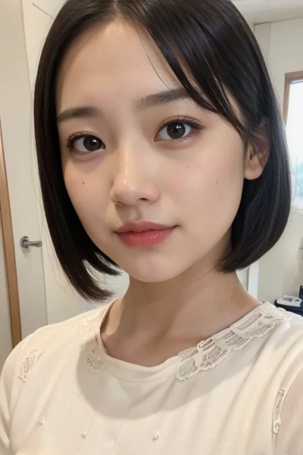(photorealistic:1.2), 1 young female, (beautiful face:1.2), (no makeup face:1.3), break, indoor, bedroom, (dynamic angle:1.1), break, photo of young Japanese female, (14 years old:1.4), detailed pores and skin lines, break, happy, very fine eyes, break, (small breasts:0.5), black eyes, black hair, short cut hair, break, (eyes and faces with detailed:1.0), break, (masterpiece, best quality, ultra detailed, detailed face, 8k), (rim light:1.2), cowboy shot
