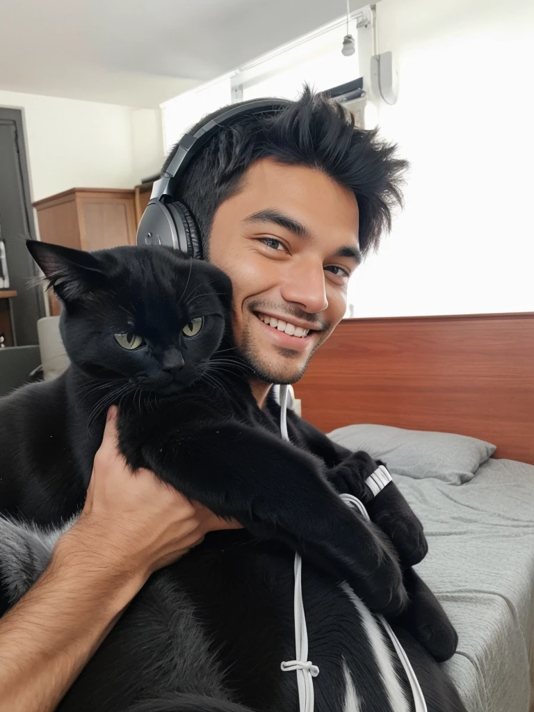 A man is holding a black cat and smiling. The cat is looking straight ahead. The man is wearing headphones.