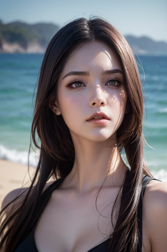 kmwld, (sharp focus:1.2), photo, attractive young woman, (beautiful face:1.1), detailed eyes, luscious lips, (cat eye makeup:0.85), (large eyes:1.0), (toned body:1.2), (1980s hair:1.2), wearing (1980s clothes:1.2) on a (beach:1.2). (moody lighting:1.2), depth of field, bokeh, 4K, HDR. by (James C. Christensen:1.2|Jeremy Lipking:1.1).