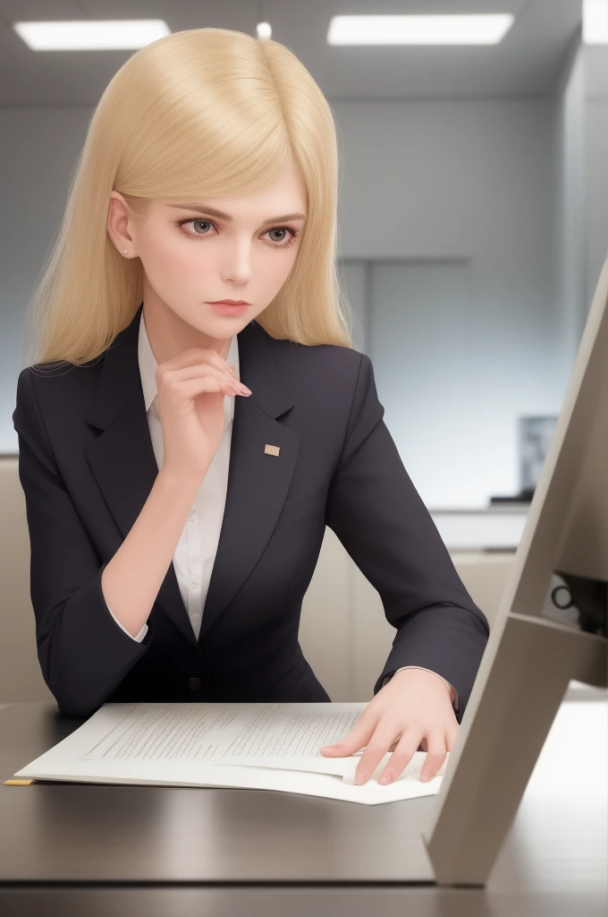 /draw blond woman sitting at desk talking on telephone with computer monitor, 1 9 8 0 s business fashion, business woman, 1 9 8 0 s woman, woman in business suit, young business woman, denis velleneuve, female in office dress, sat at her desk, female lawyer, wearing a strict business suit, serious business, working hard, portrait of kim wexler