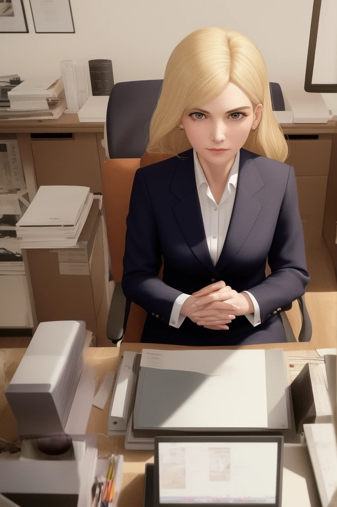 /draw blond woman sitting at desk talking on telephone with computer monitor, 1 9 8 0 s business fashion, business woman, 1 9 8 0 s woman, woman in business suit, young business woman, denis velleneuve, female in office dress, sat at her desk, female lawyer, wearing a strict business suit, serious business, working hard, portrait of kim wexler