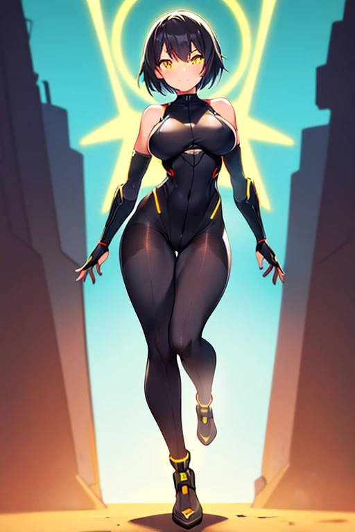 1girl, tan, tan skin, tan-skinned female, yellow eyes, black hair, very short hair, pointy hair, pixie cut, large breasts, hourglass figure, bodysuit, black bodysuit, neon, neon trim, machinery, tech, science-fiction, futuristic, smile, standing, full body, ((full body)), arms down, hands down, robot girl, pantyhose, black pantyhose, ((pantyhose))