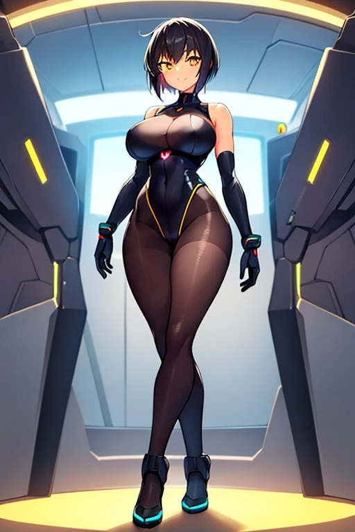 1girl, tan, tan skin, tan-skinned female, yellow eyes, black hair, very short hair, pointy hair, pixie cut, large breasts, hourglass figure, bodysuit, black bodysuit, neon, neon trim, machinery, tech, science-fiction, futuristic, smile, standing, full body, ((full body)), arms down, hands down, robot girl, pantyhose, black pantyhose, ((pantyhose))