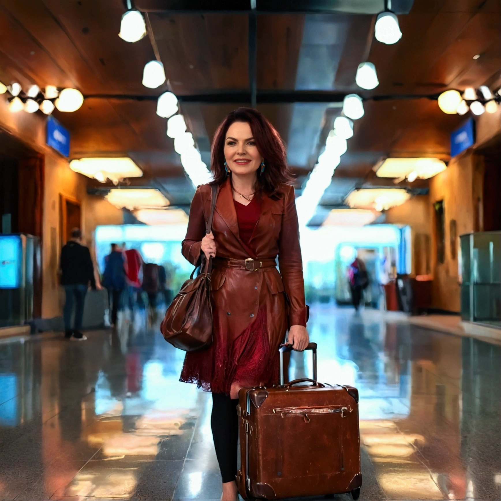 There is a woman with red hair, vibrant red hair, travel clothes, and a brown leather suitcase, at the airport entrance, refreshing night,8K.