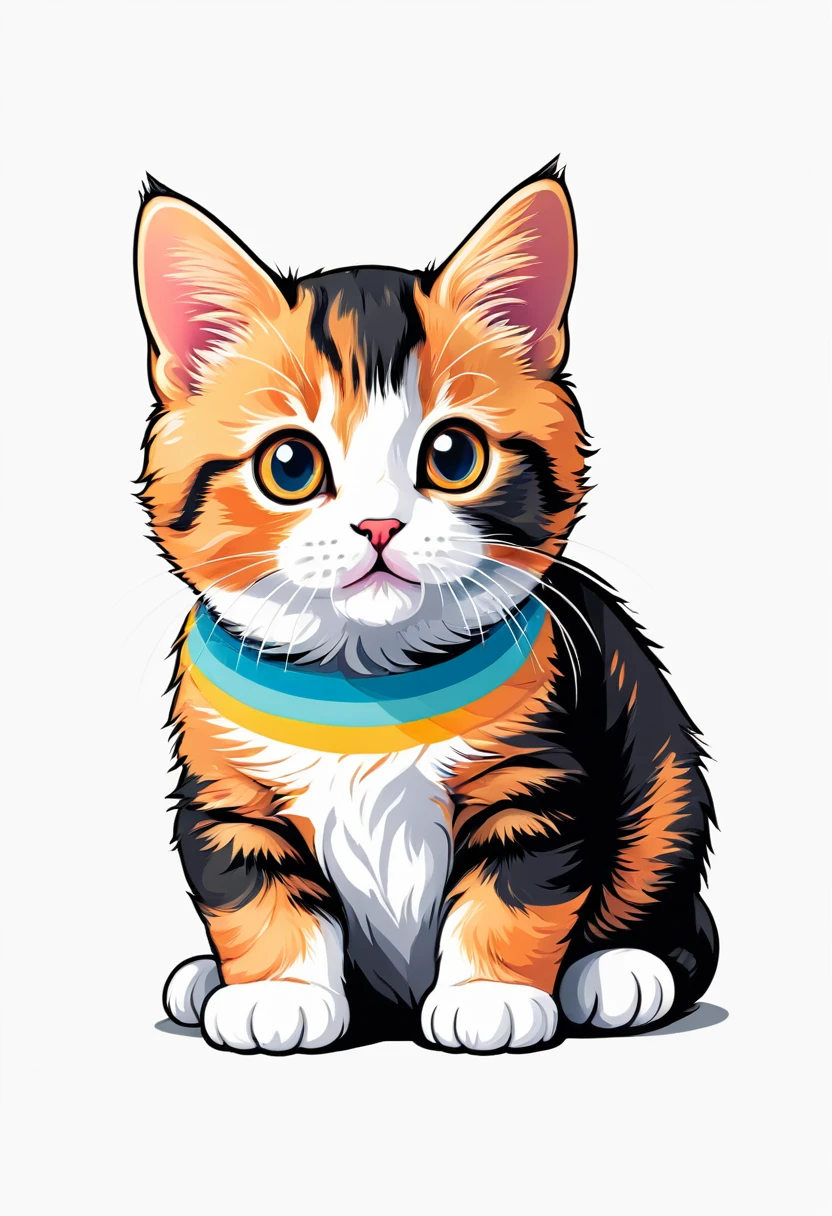 A t-shirt with a flat illustration of a cute cat, vector feito no Adobe Illustration, ultra fine contour, ultra detailed in black, colorful tones, highly detailed cleanliness, imagem vectorial, photorealistic masterpiece, professional photograpy, plain white background, isometric, Vibrant, vector