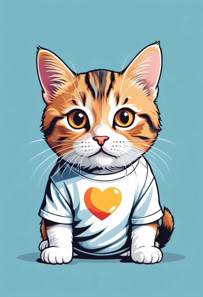 A t-shirt with a flat illustration of a cute cat, vector feito no Adobe Illustration, ultra fine contour, ultra detailed in black, colorful tones, highly detailed cleanliness, imagem vectorial, photorealistic masterpiece, professional photograpy, plain white background, isometric, Vibrant, vector