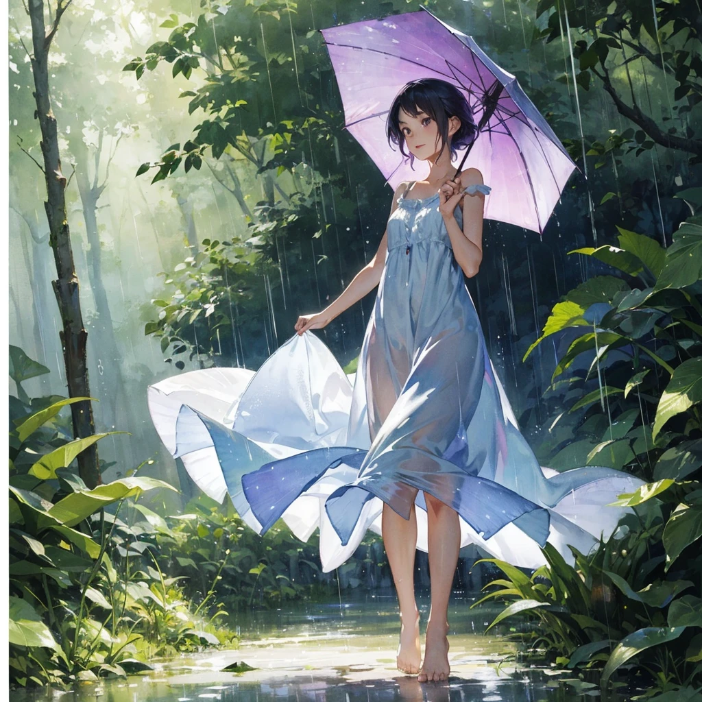 beautiful girl with a very beautiful exquisite face barefoot (in a very short light summer sundress) in the rain in the summer forest, purple thunderstorm, in watercolor style, ((Without umbrella))