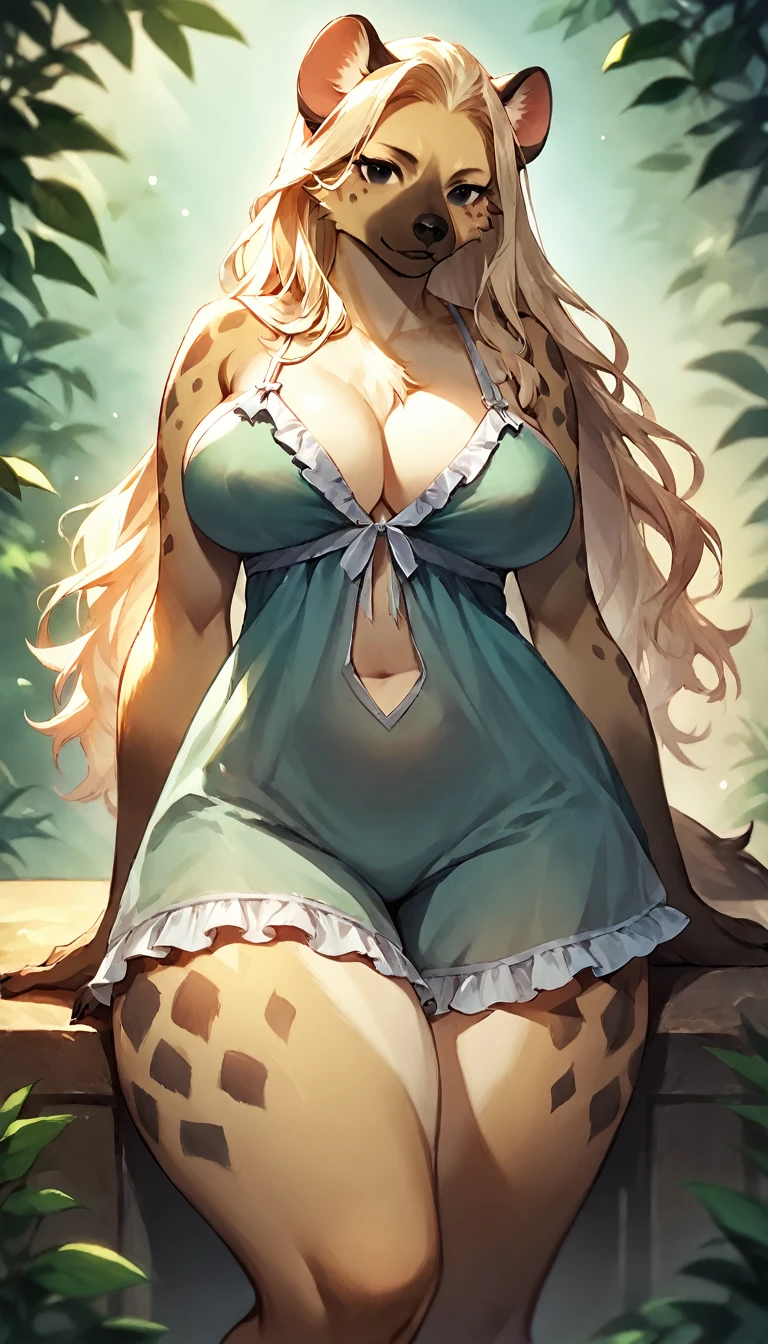 score_9, score_8_up, score_7_up, score_6_up, score_5_up, score_4_up, (solo), female anthro hyena, babydoll_pajamas shorts, lusty, fluffy body, long blond hair, black eyes, (thick thighs:1.5)((( offering the breasts))) (barely_visible_booba) , giant breasts,