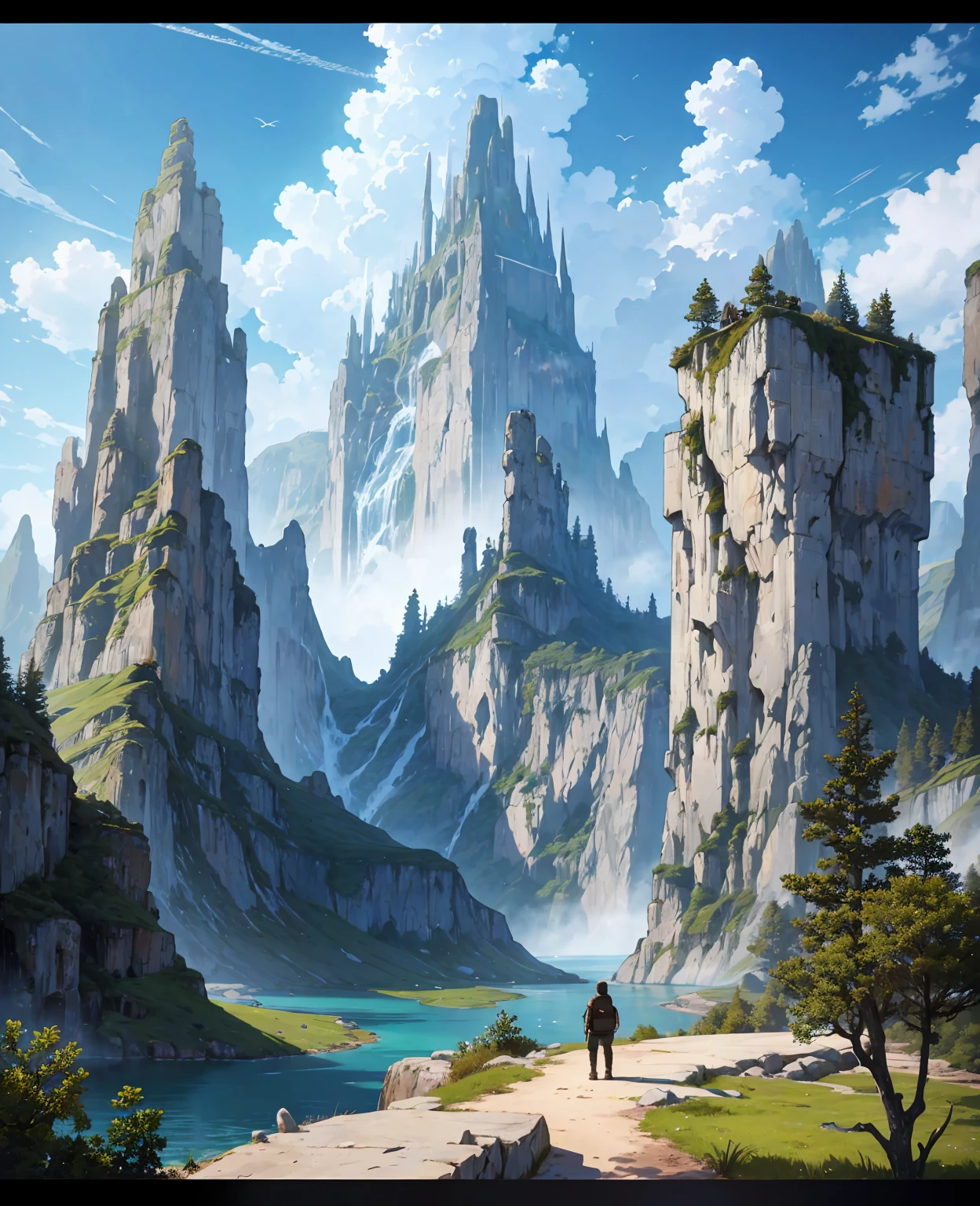 Masterpiece, best quality, high quality, extremely detailed CG unity 8k wallpaper, landscape, outdoor, sky, cloud, sky, no humans, mountain, landscape, water, tree, blue sky, waterfall, cliff, nature, lake, river , cloudy skies, award winning photography, bokeh, depth of field, HDR, bloom, chromatic aberration, photorealism, very detailed, trending on artstation, trending on CGsociety, intricate, high detail, dramatic, midjourney art