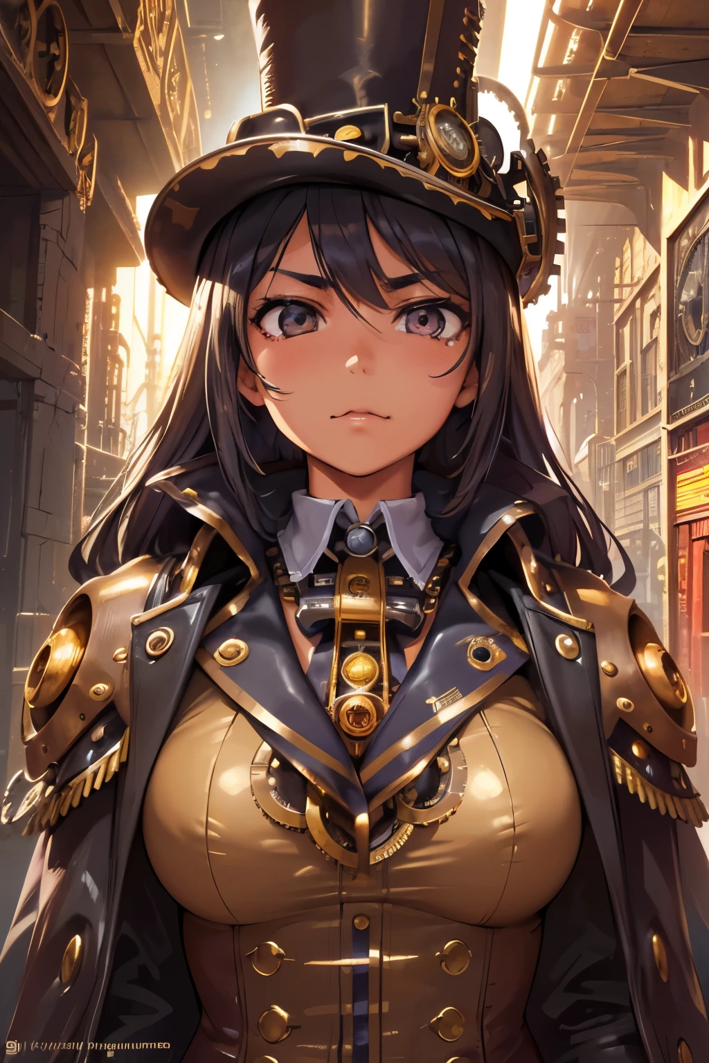 A 13-year-old Colombian girl, bust, (Front facing the camera), Detailed European Faces, (Ambitious expression), (((Steampunk Style Close))), ((Steampunk city in the background)), born, Analog Style, Super detailed photos, Cinema Lighting, Art Station, 4K, Sharp focus, High resolution, Detailed skin, Fine grain,