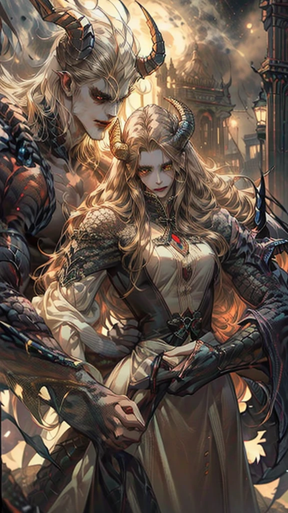demon man with long blonde hair and reptile eyes, attractive and human woman, of Brown hair, with white dress, hugged, around them fog and night